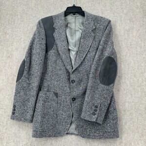 VTG Tweed Blazer Jacket 38R Grey 100%‎ Wool Elbow Patches Pockets Western